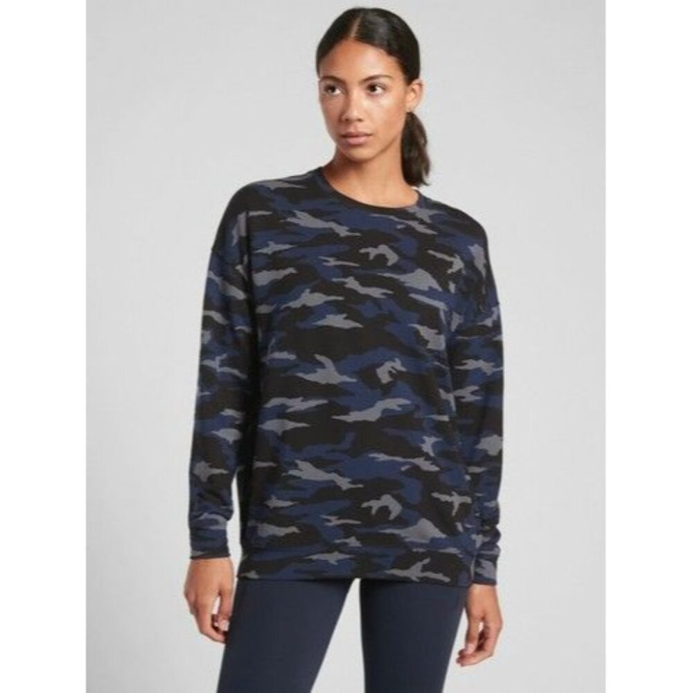 Athleta Size L Studio to Street Lined Blue Camo Crew-Neck Sweatshirt